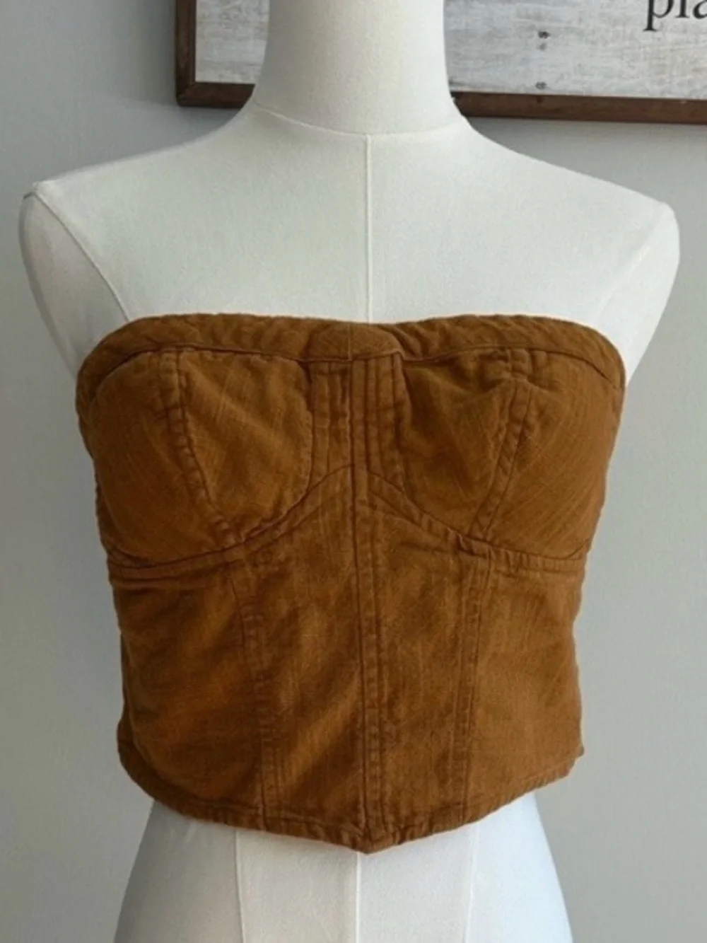 Free People Smocked Bandeau Tube Top Boho Mustard Linen Blend Strapless  S